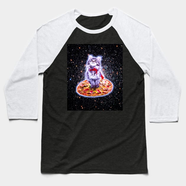 Galaxy Kitty Cat Riding Pizza In Space Baseball T-Shirt by Random Galaxy